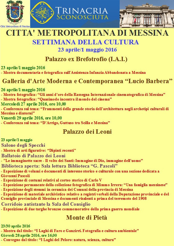 MESSINA – Il programma degli eventi della Città Metropolitana in occasione della Settimana della Cultura