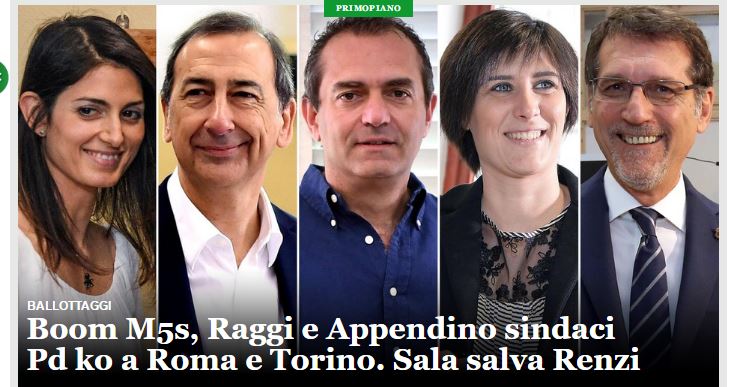 BALLOTTAGGI 2016 – Boom M5s, Raggi e Appendino sindaci. Pd ko a Roma e Torino. Sala salva Renzi. Affluenza in calo