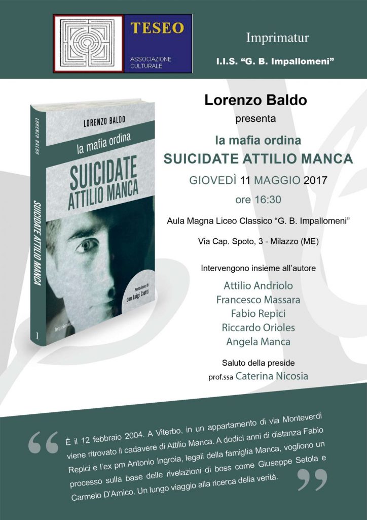 SUICIDATE ATTILIO MANCA – All’Impallomeni di Milazzo la presentazione del libro di Lorenzo Baldo