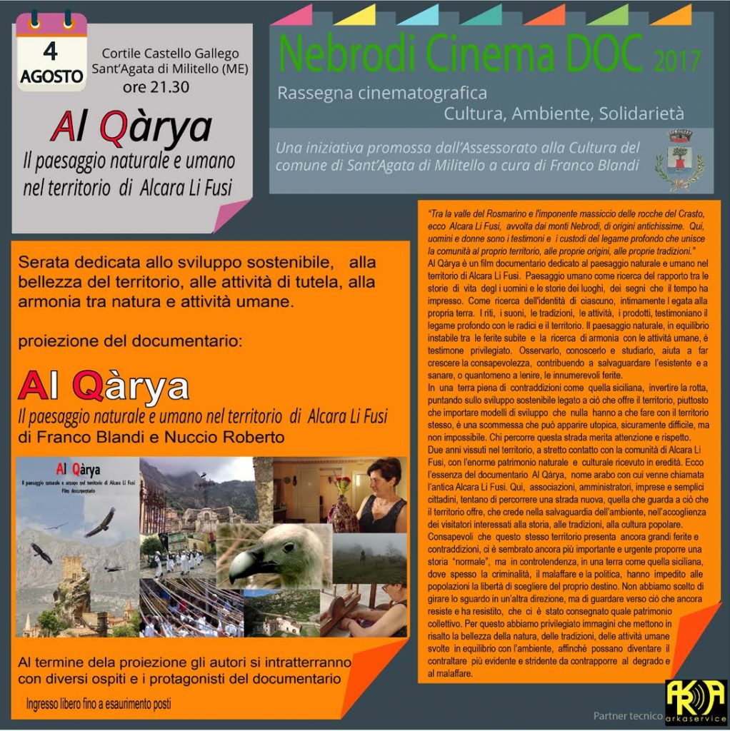 SANT’AGATA MILITELLO – Al Qàrya.. per il secondo appuntamento del Nebrodi Cinema Doc 2017