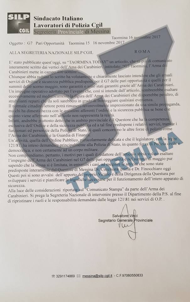 PUNTUALIZZAZIONI IN DIVISA – … a proposito del G7 di Taormina la nota del sindacato di Polizia