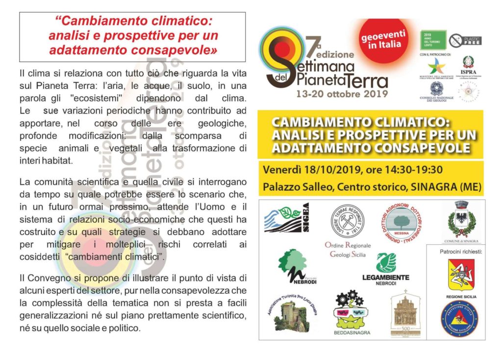 SINAGRA – Settimana del Pianeta Terra. Venerdì 18 ottobre si parlerà di cambiamenti climatici