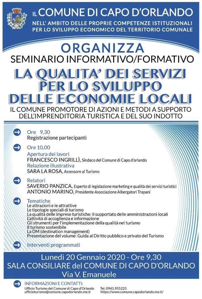 CAPO D’ORLANDO – La qualità dei servizi turistici: il 20 gennaio seminario nell’aula consiliare