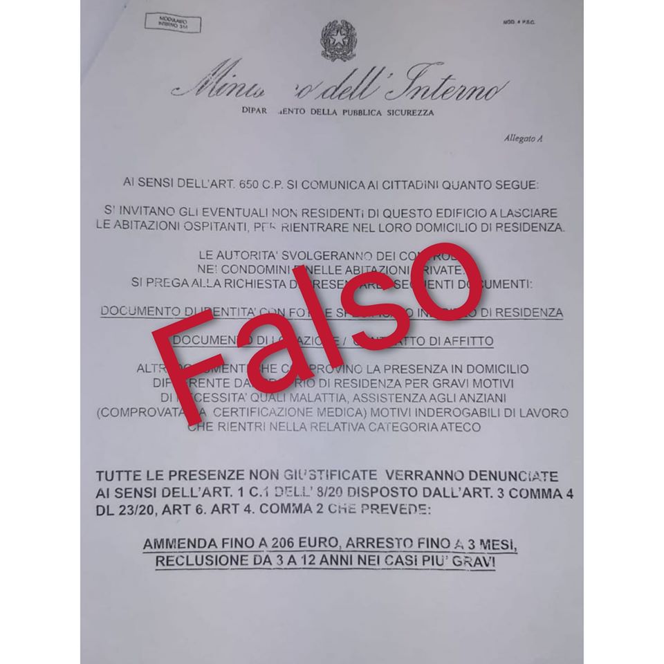 SICUREZZA – Falso volantino intestato al ministero dell’Interno