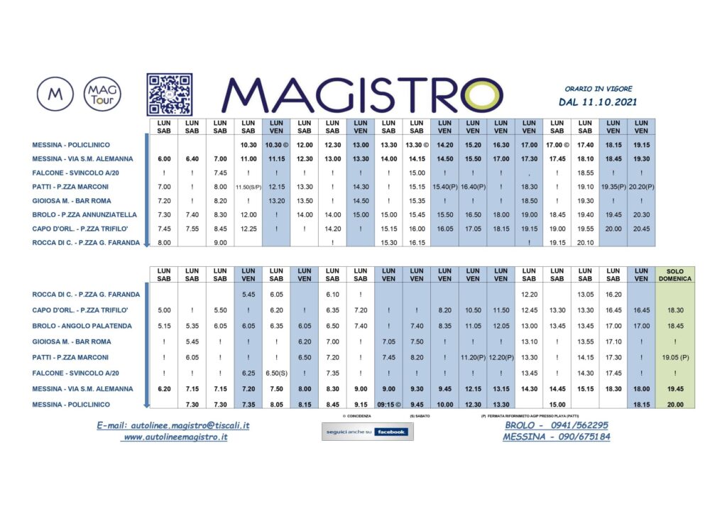 AGGIORNAMENTI ORARI – Quelli in vigore dal lunedì passato sulle corse Tai Magistro. Ripristinata la corsa domenicale per gli universitari