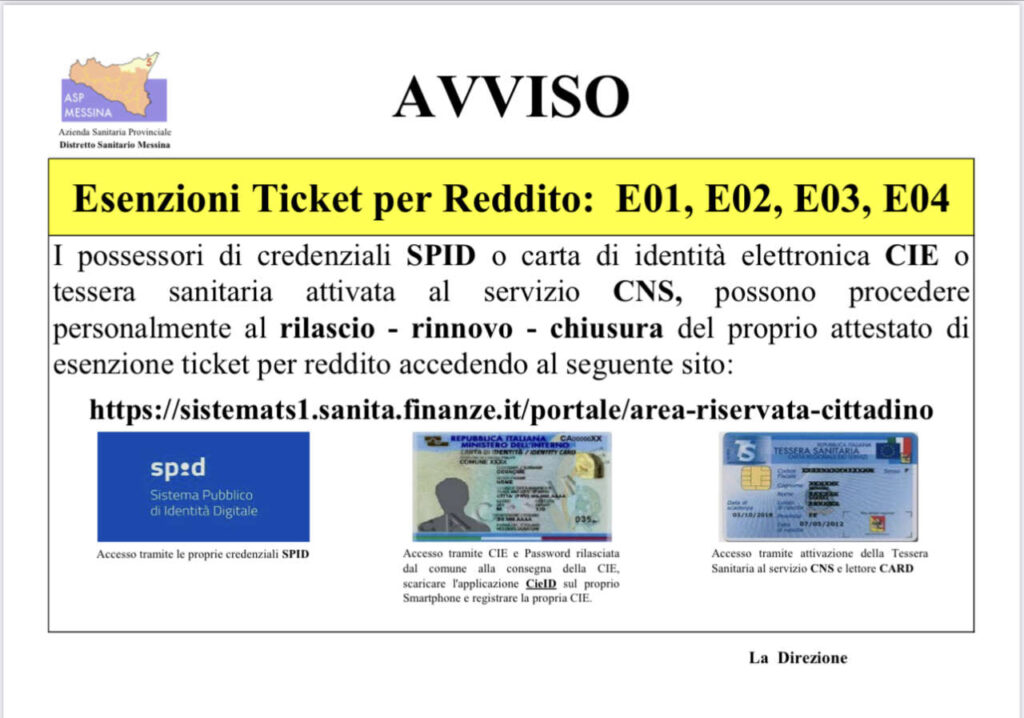 ASP MESSINA SEMPRE PIÙ DIGITALE – Esenzione ticket per reddito da oggi si fa online