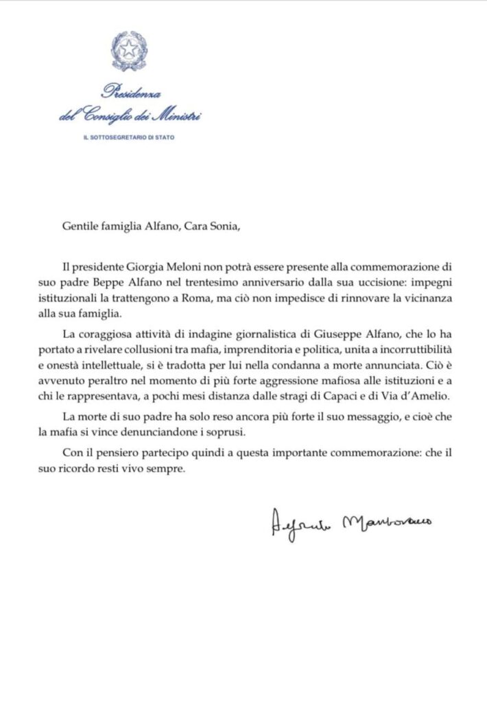 MATTARELLA & MELONI – I due presidenti ricordano Beppe Alfano per l’ “inestimabile impegno civico”