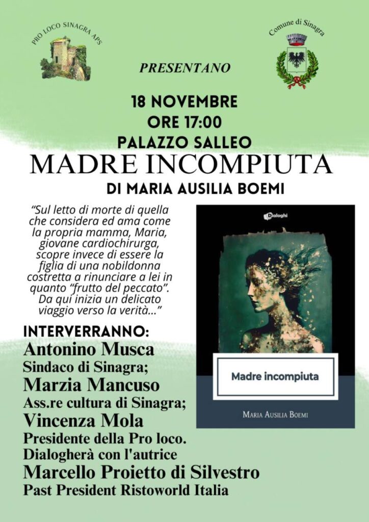 SINAGRA – “Madre incompiuta” di Maria Ausilia Boemi sabato 18 novembre a Palazzo Salleo