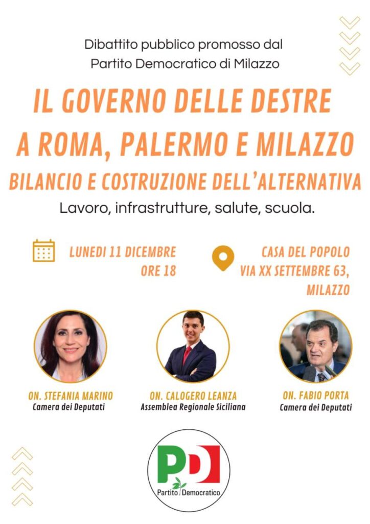 PARTITO DEMOCRATICO – Costruire un’alternativa alle Destre, se ne parlerà a Milazzo lunedì 11 dicembre