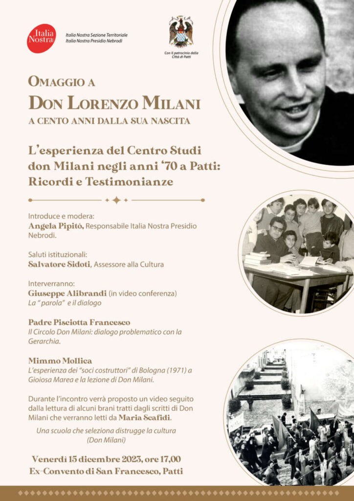 ITALIA NOSTRA NEBRODI – Venerdì 15 dicembre la conferenza su Don Lorenzo Milani