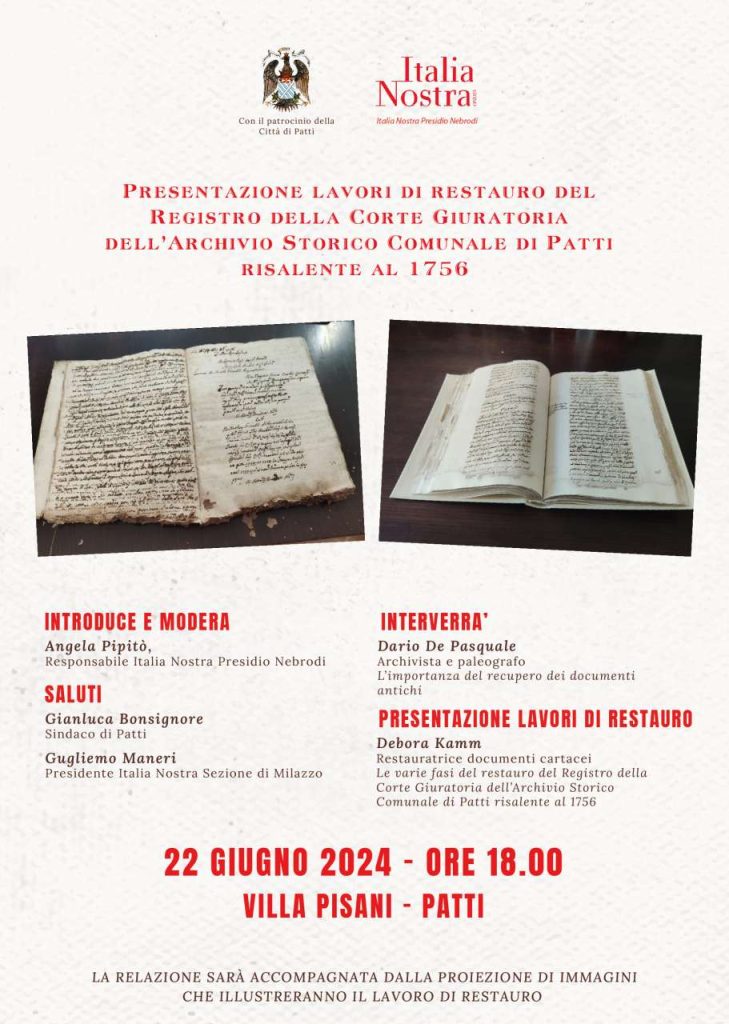 ITALIA NOSTRA NEBRODI – Sabato la presentazione dei lavori di restauro del Registro della Corte Giuratoria